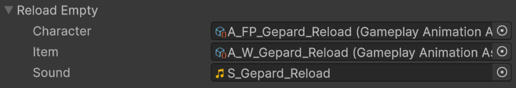 Character-item animation fields for character clip, item clip, and sound