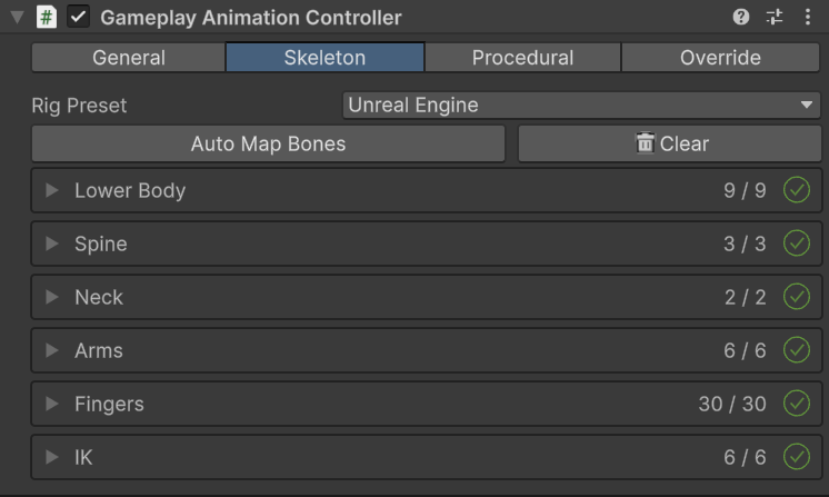 Gameplay Animation Controller Skeleton tab with humanoid, weapon, and IK mappings