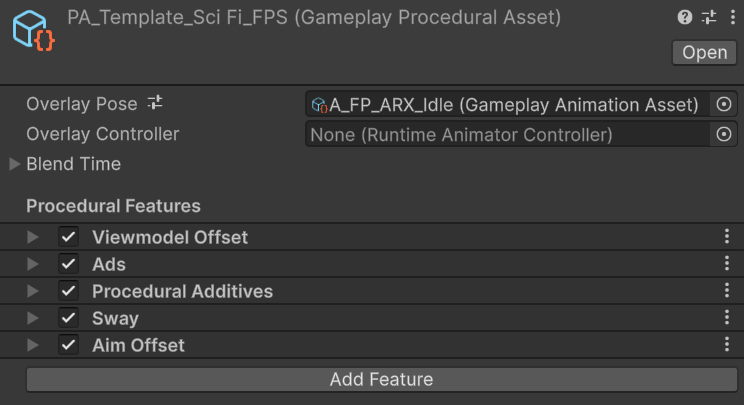 Gameplay Procedural Asset with idle pose, blend time, and ordered feature list