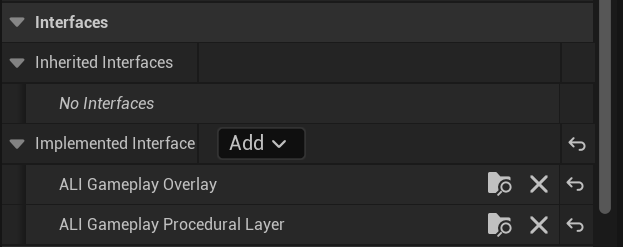 Animation Blueprint Class Settings with Gameplay Overlay and Gameplay Procedural Layer interfaces implemented