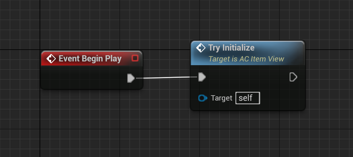 AC ItemView Event Graph initializing the owner, character, camera, animation component, montages, and effects