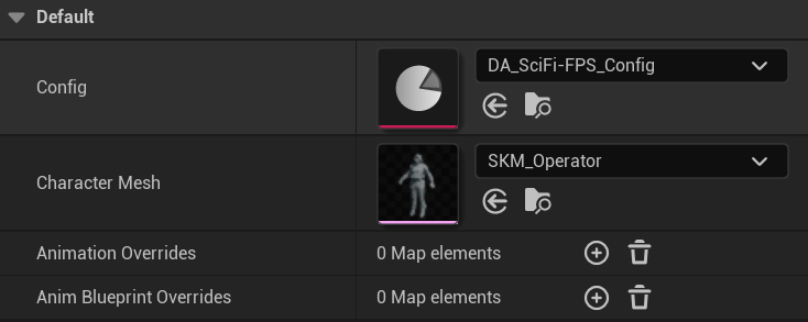 Animation override data asset with Config set to DA_SciFi-FPS_Config and Character Mesh set to SKM_Operator