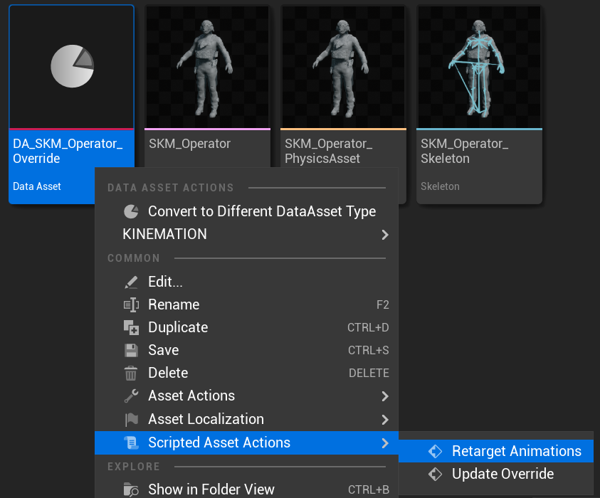 Unreal Content Browser context menu for DA_SKM_Operator_Override with Retarget Animations highlighted