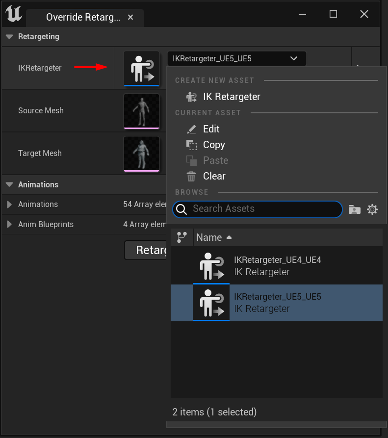 Override Retarget window with IKRetargeter_UE5_UE5 selected and UE4 and UE5 retargeter assets visible