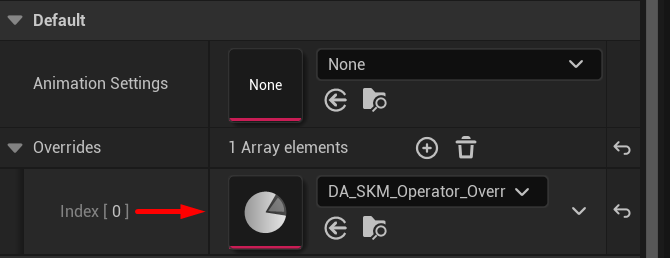 Gameplay Animation component with DA_SKM_Operator_Override added under Overrides