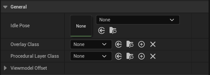 Animation settings General section showing Idle Pose, Overlay Class, and Procedural Layer Class