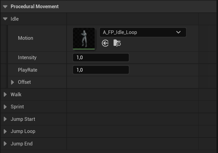 Animation settings Procedural Movement section showing idle motion, intensity, play rate, and movement-state entries