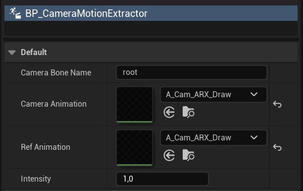 BP CameraMotionExtractor details showing camera bone name, camera animation, reference animation, and intensity