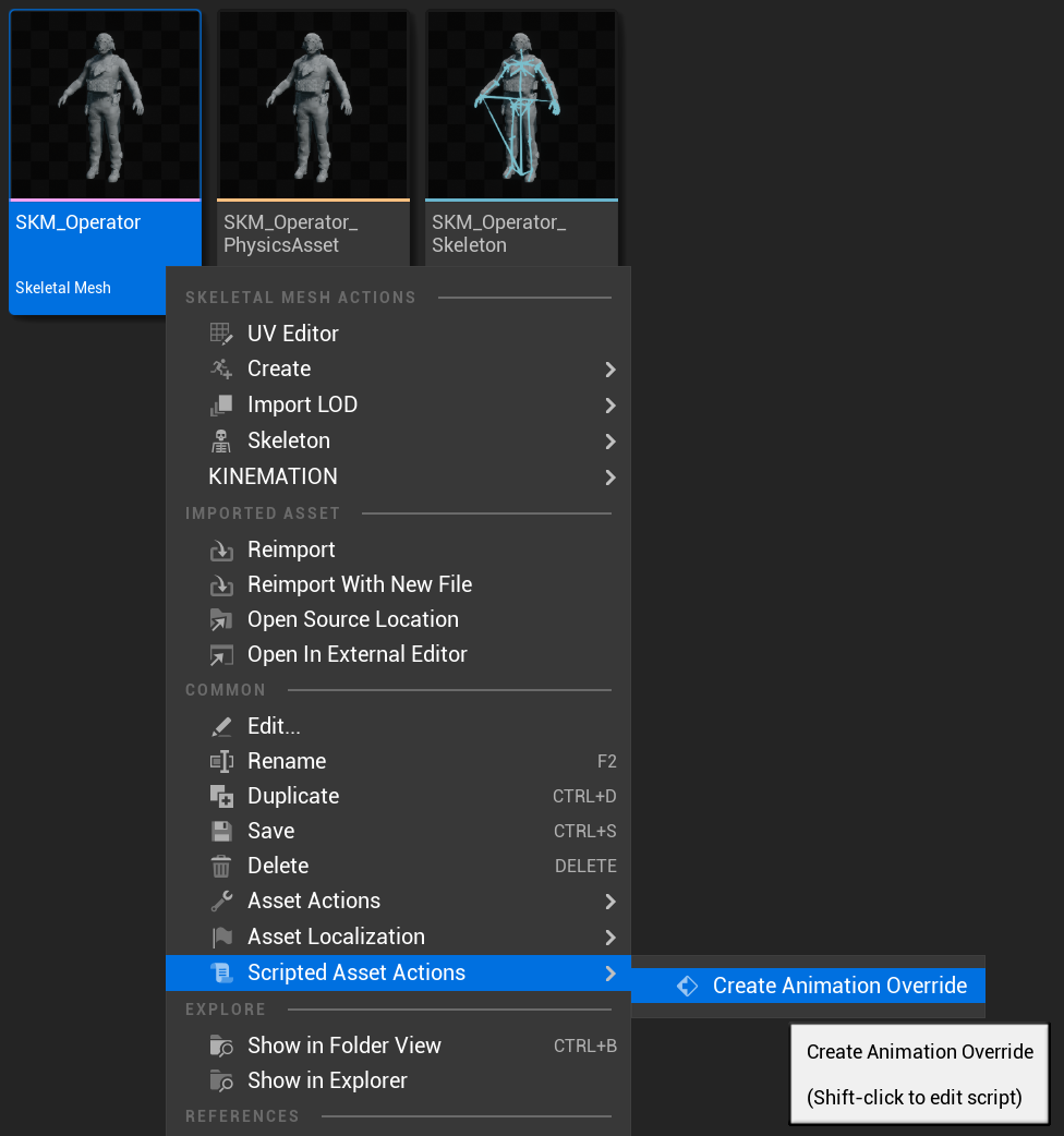 Unreal Content Browser with SKM_Operator selected and Create Animation Override highlighted under Scripted Asset Actions