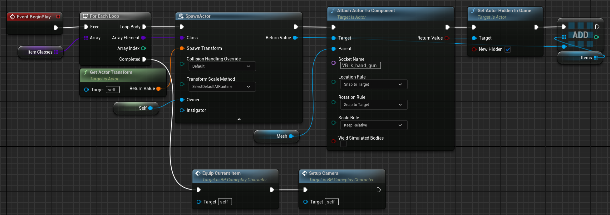 BP Gameplay Character Begin Play event initializing the gameplay character state