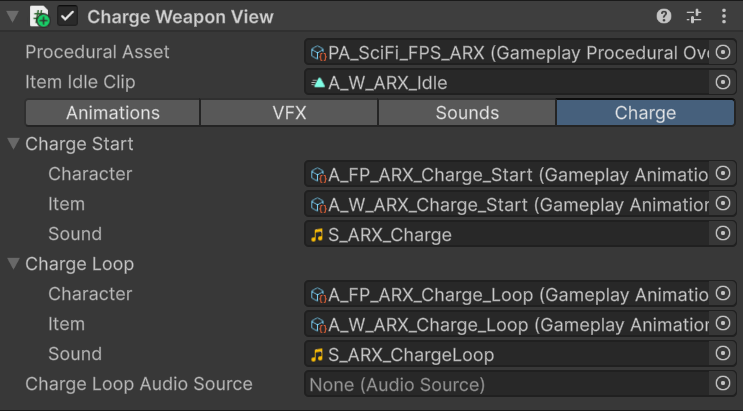 Charge Weapon View with charge-start, charge-loop, and loop audio settings