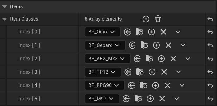 BP SciFi Character Details panel listing ARX Mk2, Gepard, M97, Onyx, RPG90, and TP12 item classes