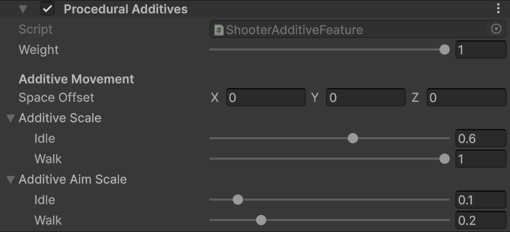 Shooter Procedural Additives feature with space offset and idle, walk, hip, and ADS scales