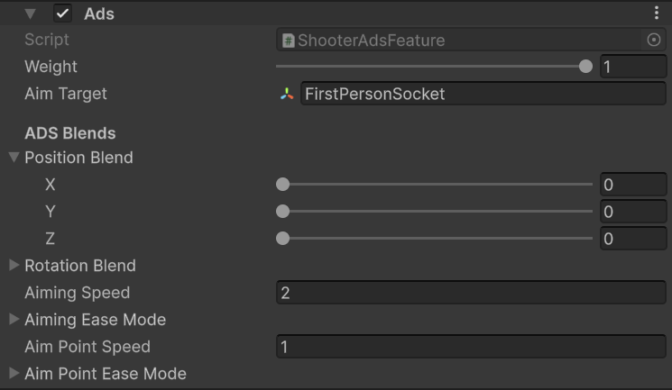 Shooter ADS feature with aim target, position and rotation blends, aiming speed, and aim-point speed