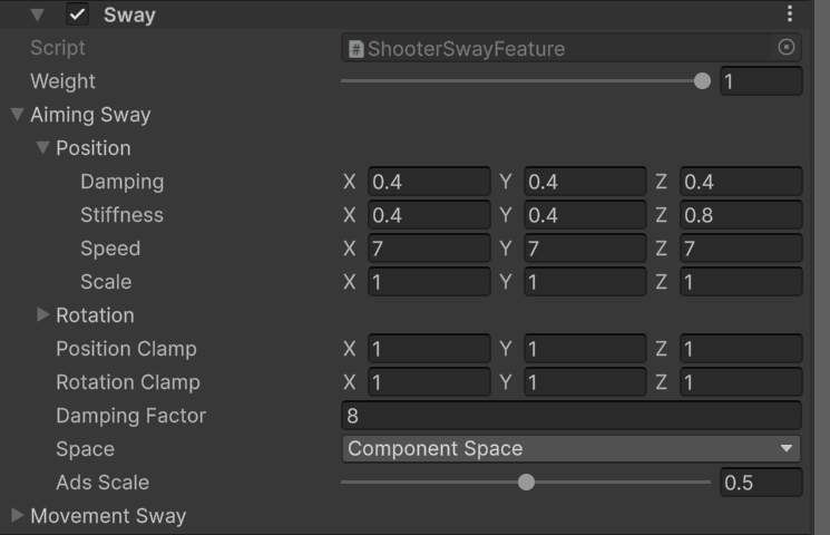 Shooter Sway feature with aiming and movement position springs, rotation springs, clamps, and ADS scale