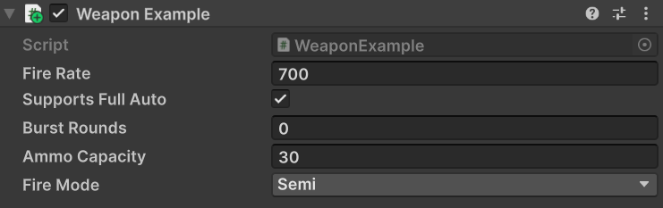 Weapon Example with fire rate, supported modes, burst rounds, and ammo capacity