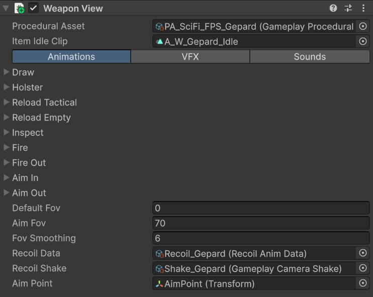 Weapon View Animations tab with paired actions, FOV, recoil, and aim point