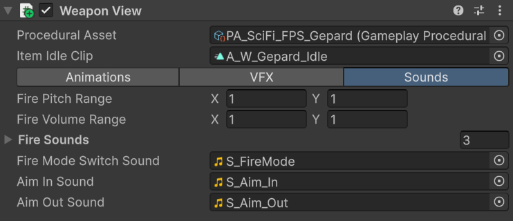 Weapon View Sounds tab with fire clips, pitch, volume, and action sounds