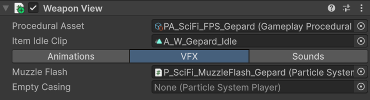 Weapon View VFX tab with muzzle flash and empty casing references
