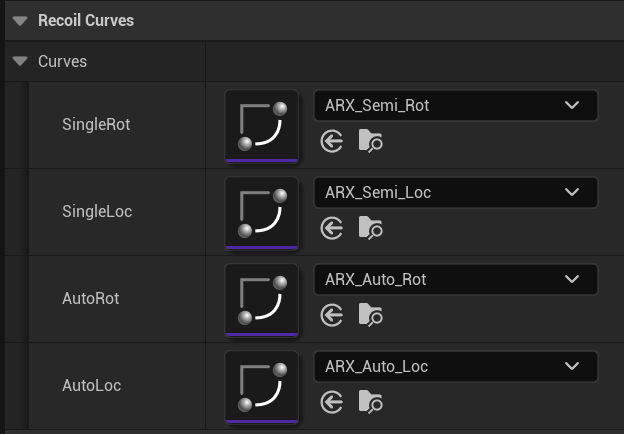 Recoil data Curves section showing SingleRot, SingleLoc, AutoRot, and AutoLoc curve assignments