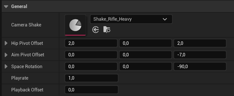 Recoil data General section showing camera shake, hip and aim pivot offsets, space rotation, play rate, and playback offset