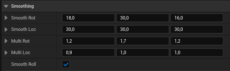 Recoil data Smoothing section showing rotation and location smoothing, multipliers, and Smooth Roll
