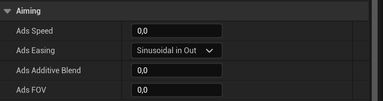 Shooter animation settings Aiming section showing Ads Speed, Ads Easing, Ads Additive Blend, and Ads FOV