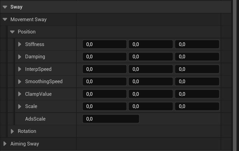 Shooter animation settings Movement Sway section showing position spring values and ADS scale