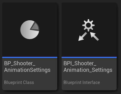 Content Browser showing BP Shooter AnimationSettings Blueprint Class and BPI Shooter Animation Settings Blueprint Interface