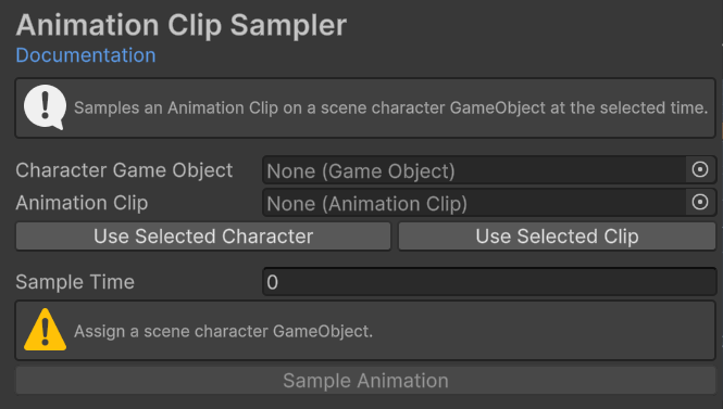 Animation Clip Sampler with character, animation clip, sample time, and sample controls