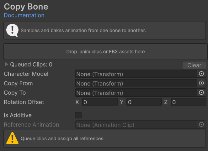 Copy Bone with clip queue, character model, source and target bones, rotation offset, and additive options