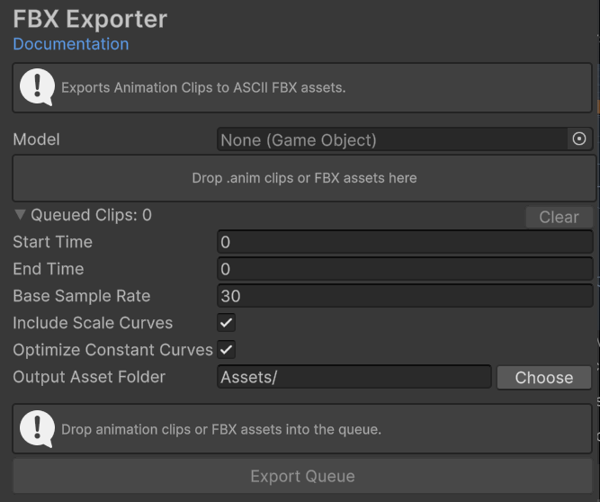 FBX Exporter with model, clip queue, time range, sample rate, scale, optimization, and output settings
