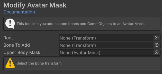 Modify Avatar Mask with root, bone to add, and upper body mask fields