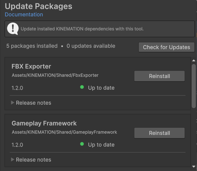 Update Packages with package count, version status, reinstall buttons, and release notes